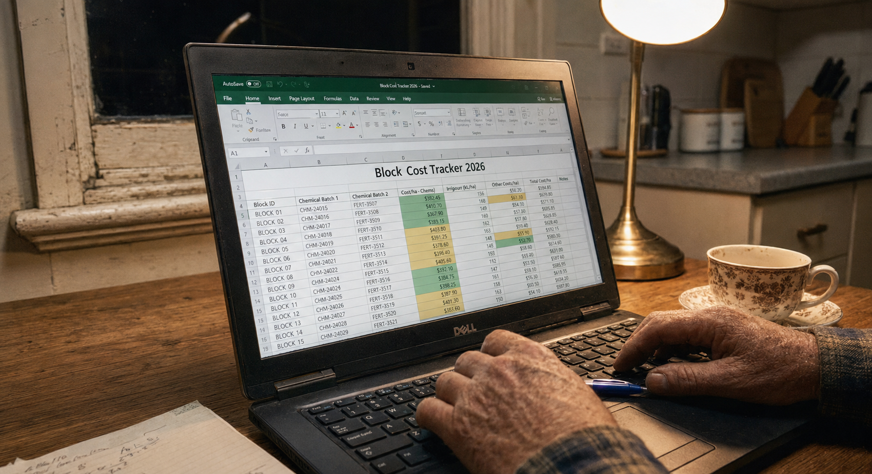 Old dense Excel spreadsheet open on a laptop at night