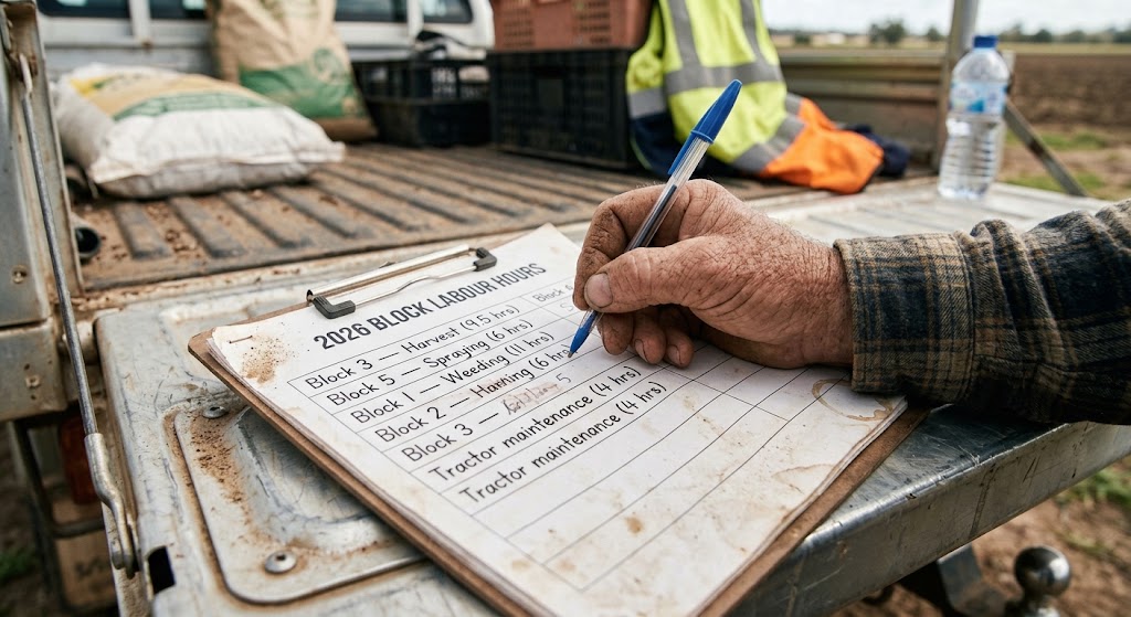 Paper timesheet being filled in by hand on a clipboard