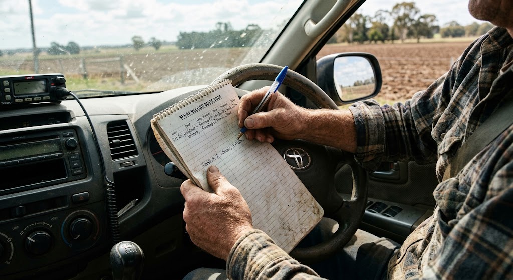 Spray record book being filled in on the steering wheel of a ute