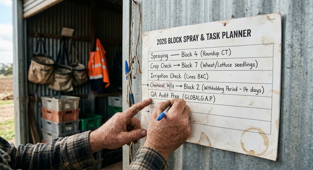 Handwritten block spray and task planner pinned to a shed wall