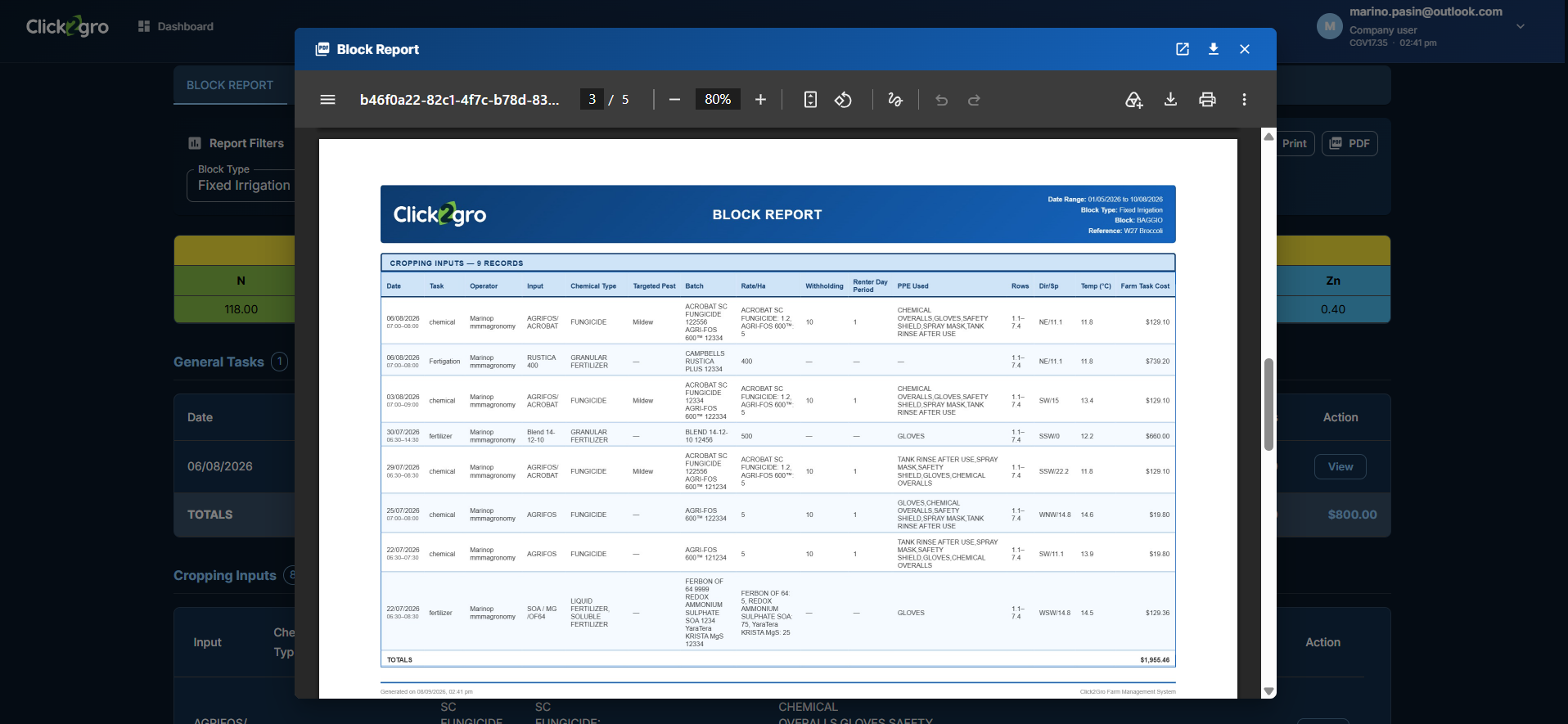 Click2gro block report PDF — branded, generated on demand, pulling every record on the block